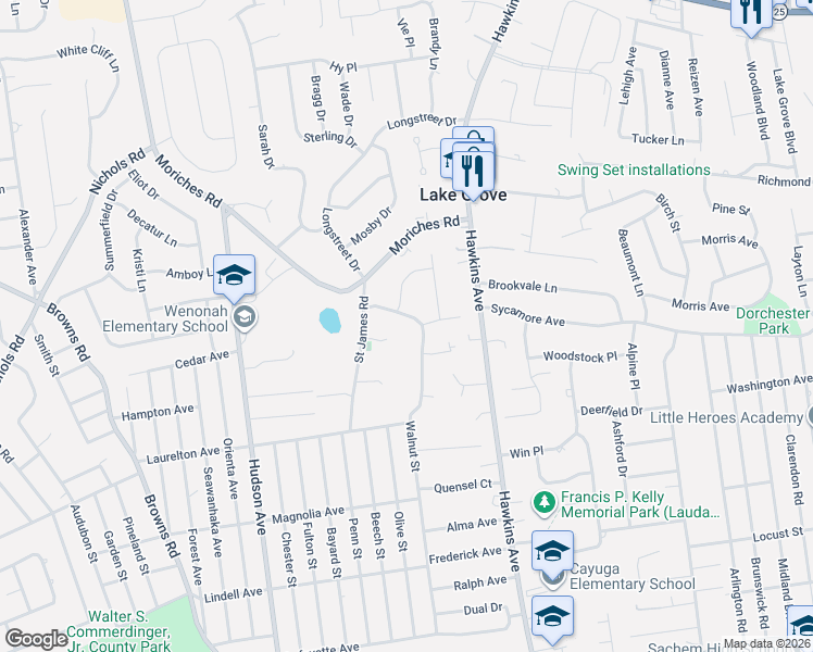 map of restaurants, bars, coffee shops, grocery stores, and more near 3 Neil Drive in Lake Grove