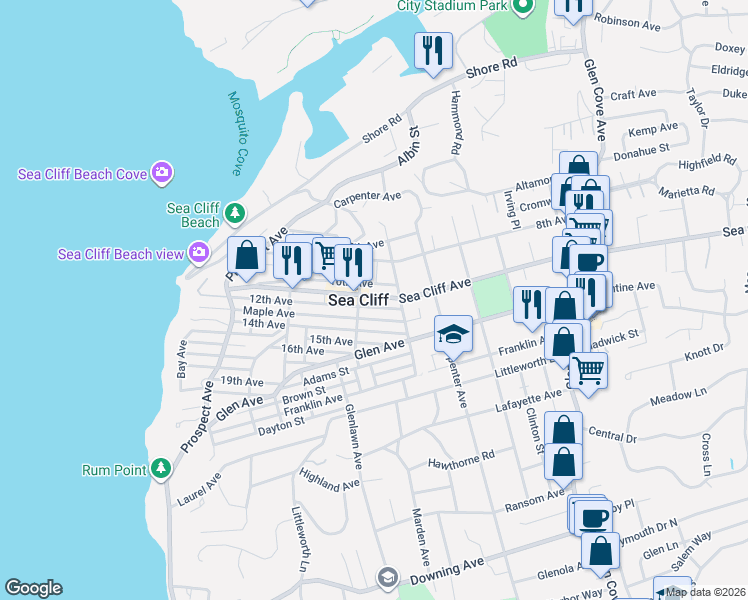 map of restaurants, bars, coffee shops, grocery stores, and more near 15 10th Avenue in Sea Cliff