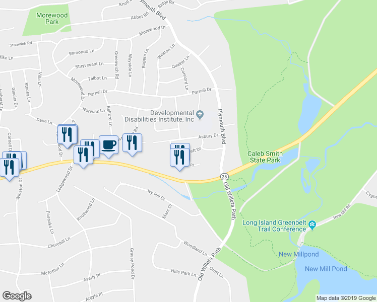 map of restaurants, bars, coffee shops, grocery stores, and more near Taft Drive in Smithtown