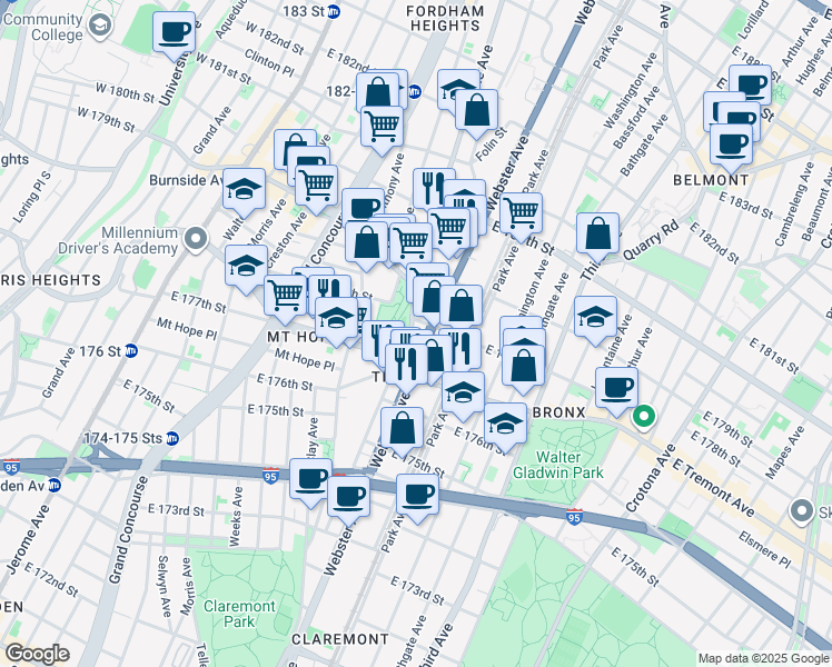 map of restaurants, bars, coffee shops, grocery stores, and more near 1880 Valentine Avenue in Bronx