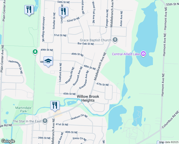 map of restaurants, bars, coffee shops, grocery stores, and more near 4666 Grandview Avenue Northeast in Canton