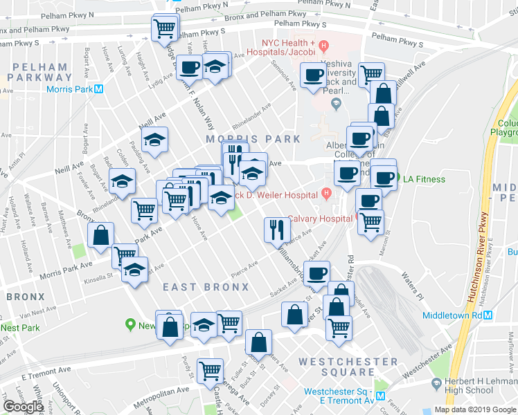 map of restaurants, bars, coffee shops, grocery stores, and more near Williamsbridge Road in Bronx