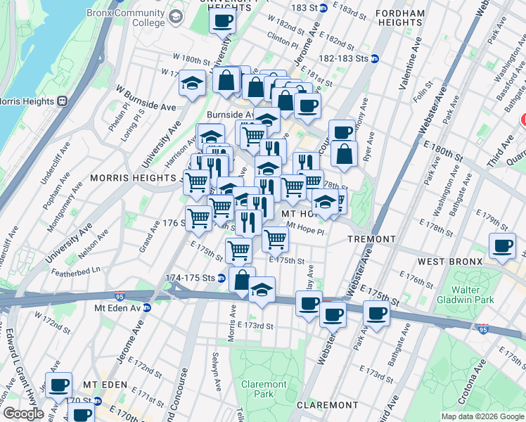 map of restaurants, bars, coffee shops, grocery stores, and more near 111 Mount Hope Place in Bronx