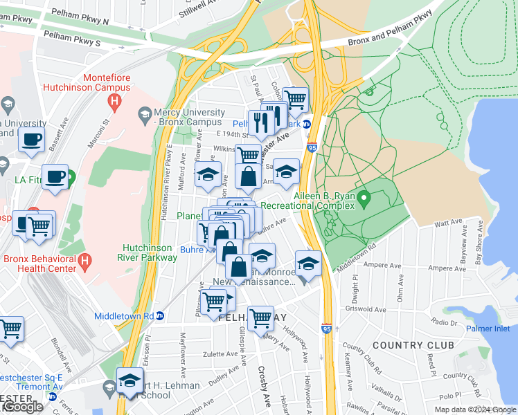 map of restaurants, bars, coffee shops, grocery stores, and more near 3111 Willow Lane in Bronx