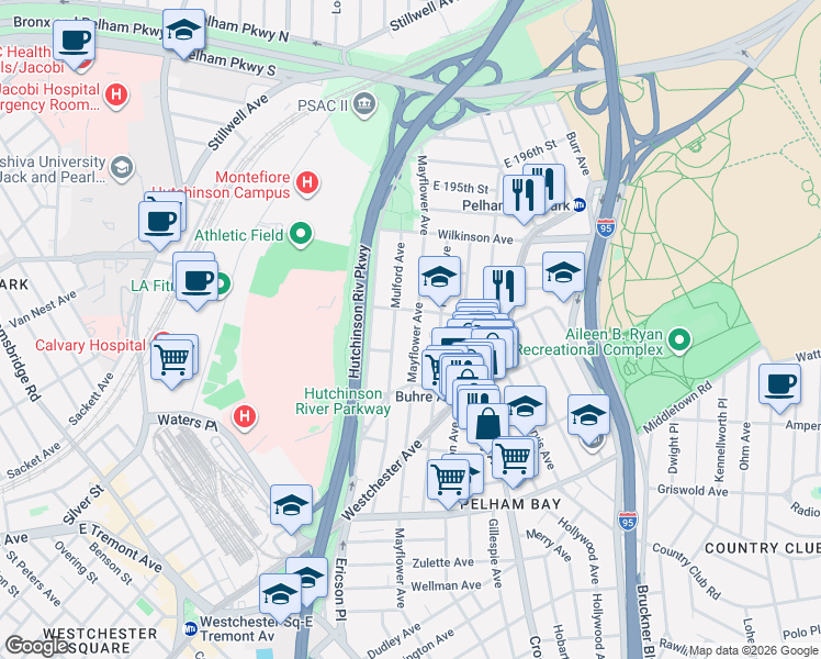 map of restaurants, bars, coffee shops, grocery stores, and more near 2824 Saint Theresa Avenue in Bronx