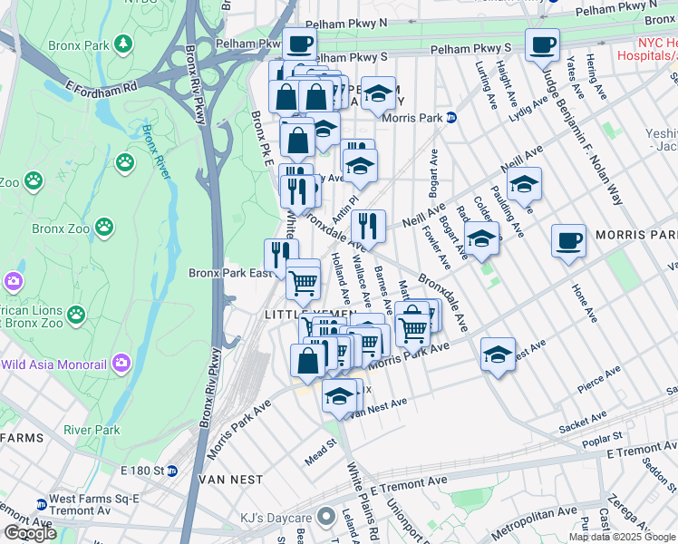 map of restaurants, bars, coffee shops, grocery stores, and more near 1963 Hunt Avenue in Bronx