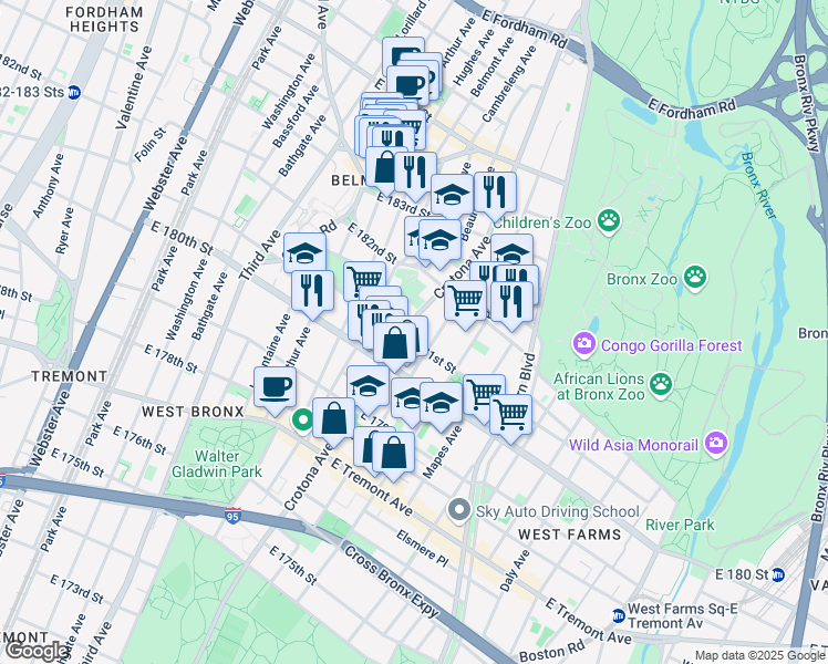 map of restaurants, bars, coffee shops, grocery stores, and more near 2152 Crotona Avenue in Bronx