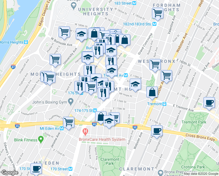 map of restaurants, bars, coffee shops, grocery stores, and more near 1892 Morris Avenue in Bronx