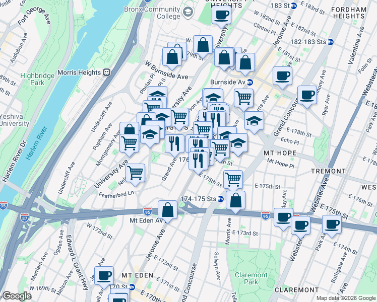 map of restaurants, bars, coffee shops, grocery stores, and more near 1801 Davidson Avenue in The Bronx