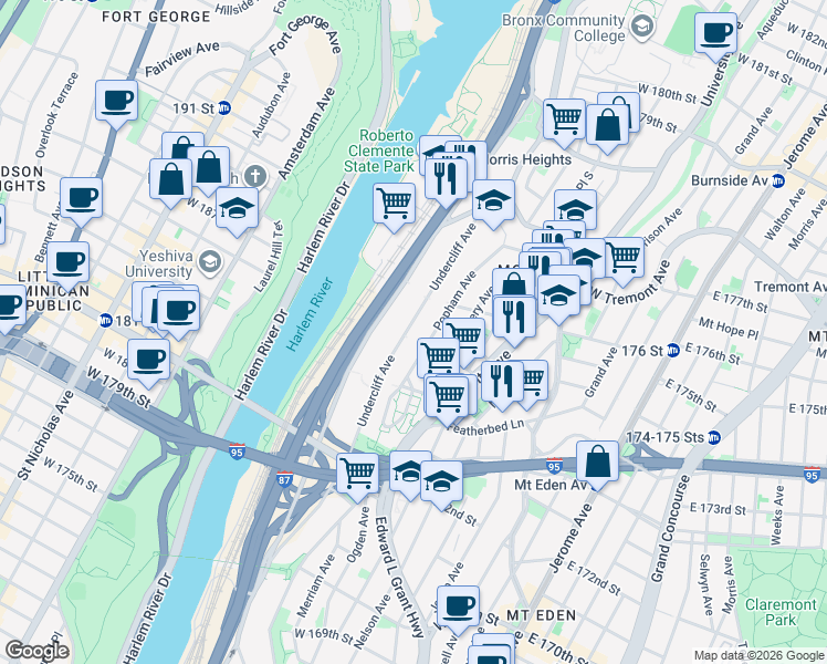 map of restaurants, bars, coffee shops, grocery stores, and more near 1642 Undercliff Avenue in Bronx