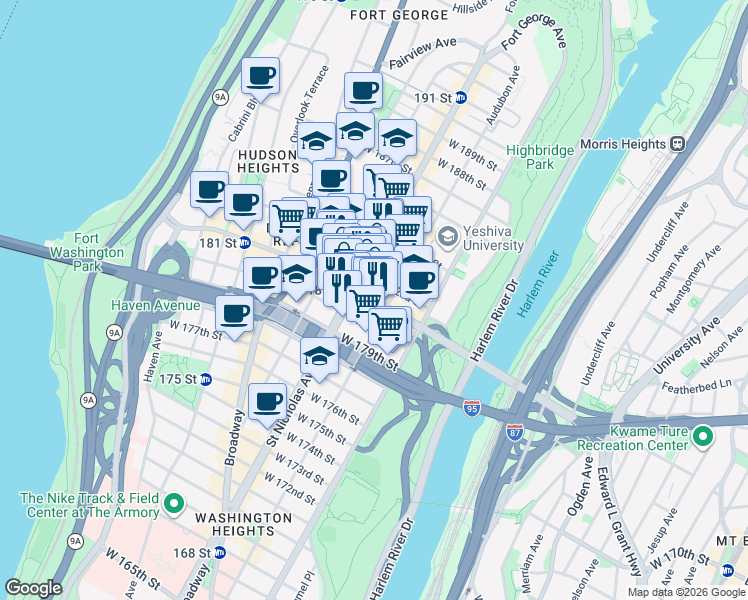 map of restaurants, bars, coffee shops, grocery stores, and more near 1426 Saint Nicholas Avenue in New York