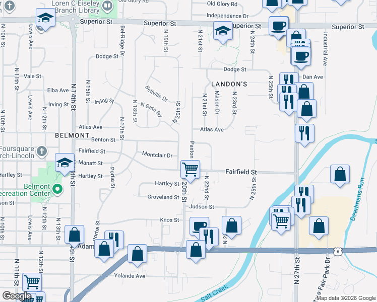 map of restaurants, bars, coffee shops, grocery stores, and more near 3815 Paxton Drive in Lincoln