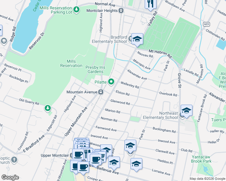 map of restaurants, bars, coffee shops, grocery stores, and more near Valley Road in Montclair