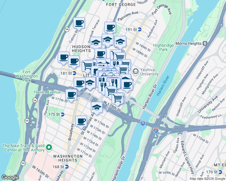 map of restaurants, bars, coffee shops, grocery stores, and more near 560 West 181st Street in New York