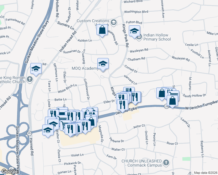 map of restaurants, bars, coffee shops, grocery stores, and more near 1 Radcliffe Road in Commack