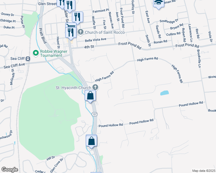 map of restaurants, bars, coffee shops, grocery stores, and more near 111 High Farms Road in Glen Head