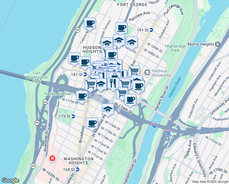 map of restaurants, bars, coffee shops, grocery stores, and more near 601 West 180th Street in New York
