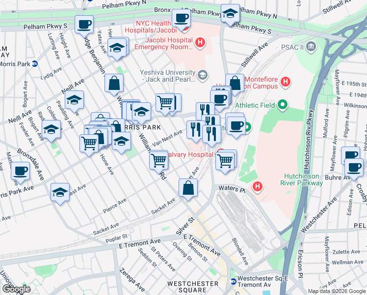map of restaurants, bars, coffee shops, grocery stores, and more near 1621 Tenbroeck Avenue in Bronx