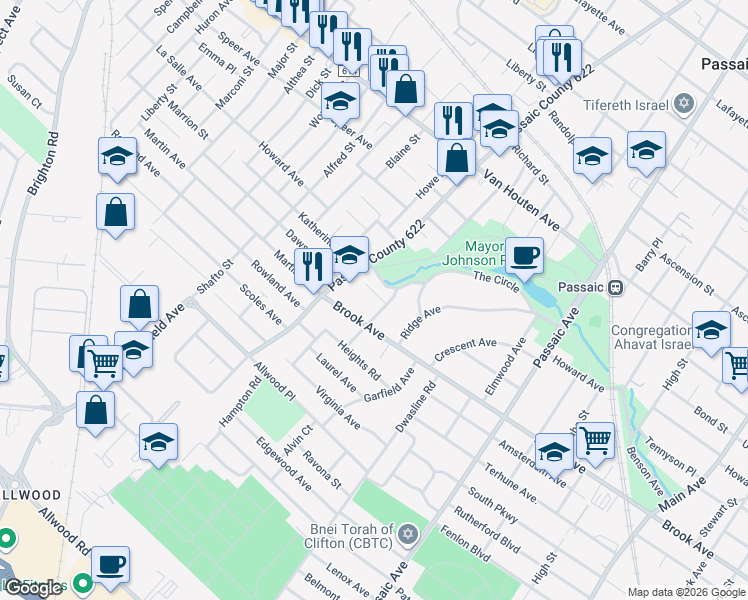 map of restaurants, bars, coffee shops, grocery stores, and more near 136 Mineral Spring Avenue in Passaic