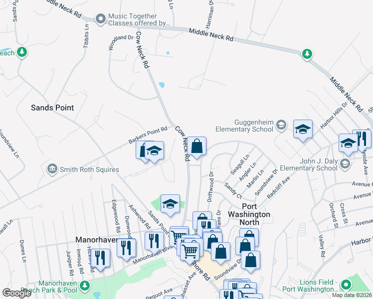 map of restaurants, bars, coffee shops, grocery stores, and more near 193 Cow Neck Road in Port Washington