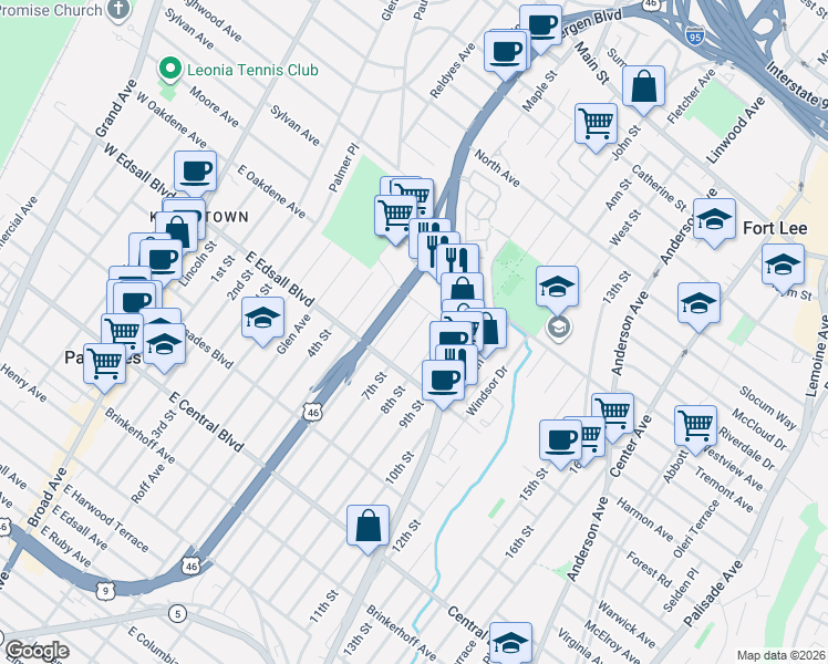 map of restaurants, bars, coffee shops, grocery stores, and more near 545B 7th Street in Palisades Park