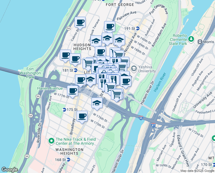 map of restaurants, bars, coffee shops, grocery stores, and more near in New York