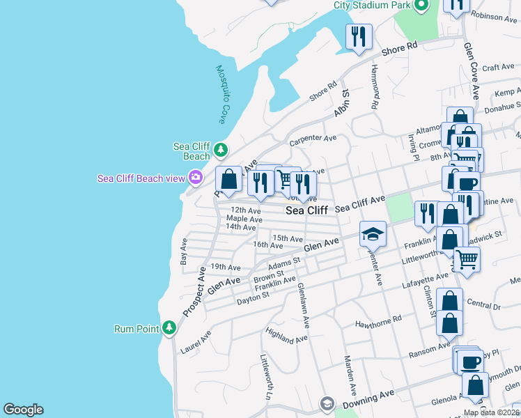 map of restaurants, bars, coffee shops, grocery stores, and more near 69 Central Avenue in Sea Cliff