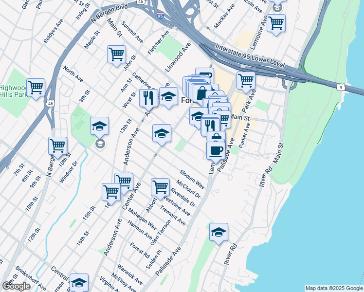 map of restaurants, bars, coffee shops, grocery stores, and more near 290 Whiteman Street in Fort Lee
