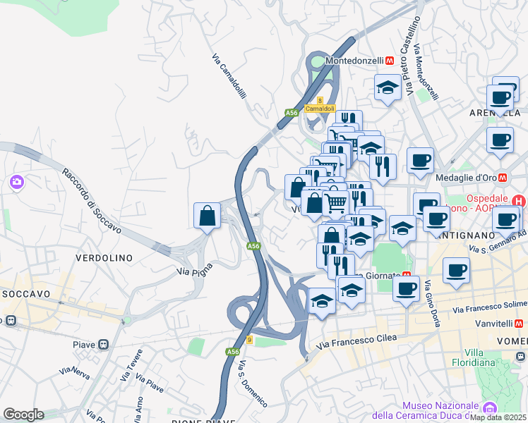 map of restaurants, bars, coffee shops, grocery stores, and more near 78 Via Pigna in Napoli