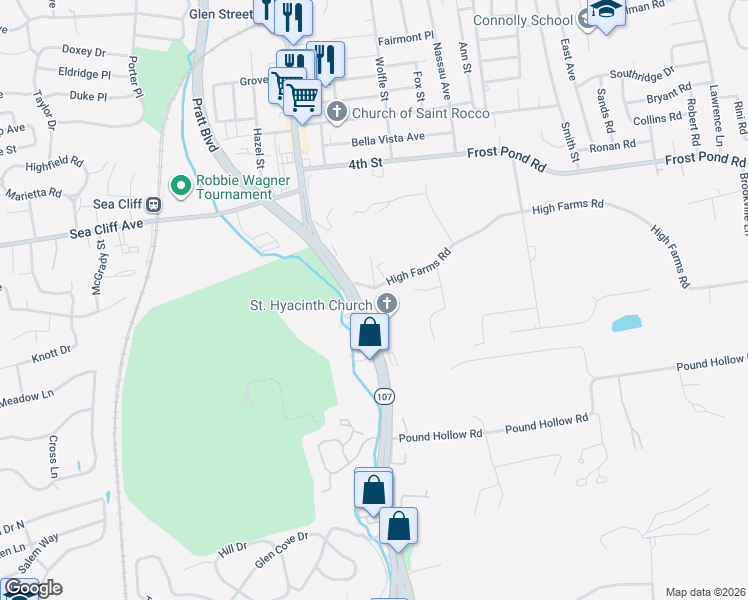 map of restaurants, bars, coffee shops, grocery stores, and more near 35 High Farms Road in Glen Head