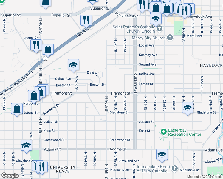 map of restaurants, bars, coffee shops, grocery stores, and more near 5630 Fremont Street in Lincoln