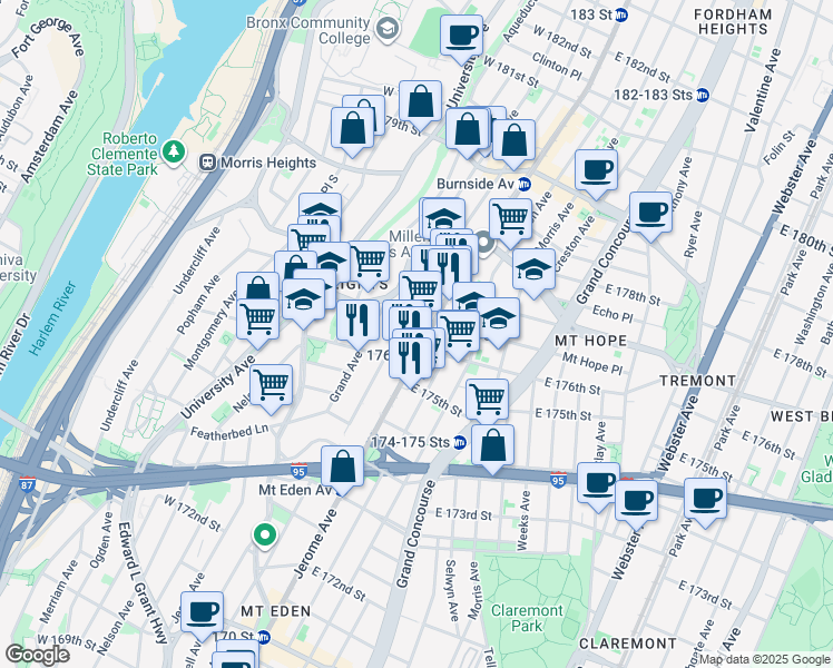 map of restaurants, bars, coffee shops, grocery stores, and more near 1801 Davidson Avenue in The Bronx
