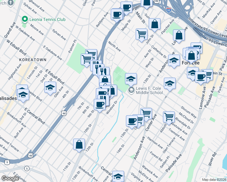 map of restaurants, bars, coffee shops, grocery stores, and more near 1548-500 Stillwell Avenue in Fort Lee