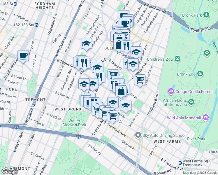 map of restaurants, bars, coffee shops, grocery stores, and more near 2115 Belmont Avenue in Bronx
