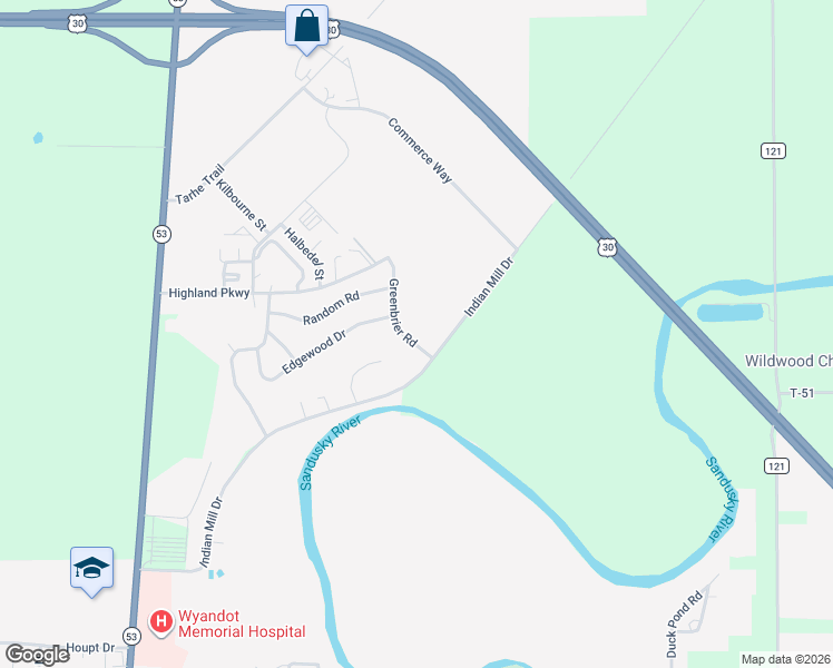 map of restaurants, bars, coffee shops, grocery stores, and more near 9882 County Highway 50 in Upper Sandusky