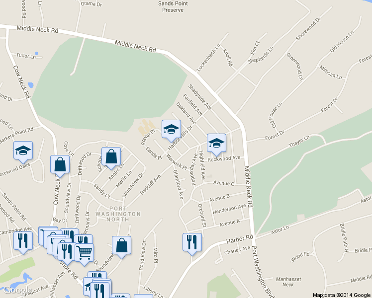 map of restaurants, bars, coffee shops, grocery stores, and more near 49 Radcliff Avenue in Port Washington