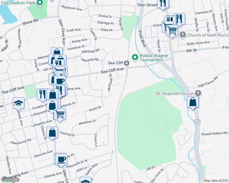map of restaurants, bars, coffee shops, grocery stores, and more near 1 Midwood Place in Glen Cove