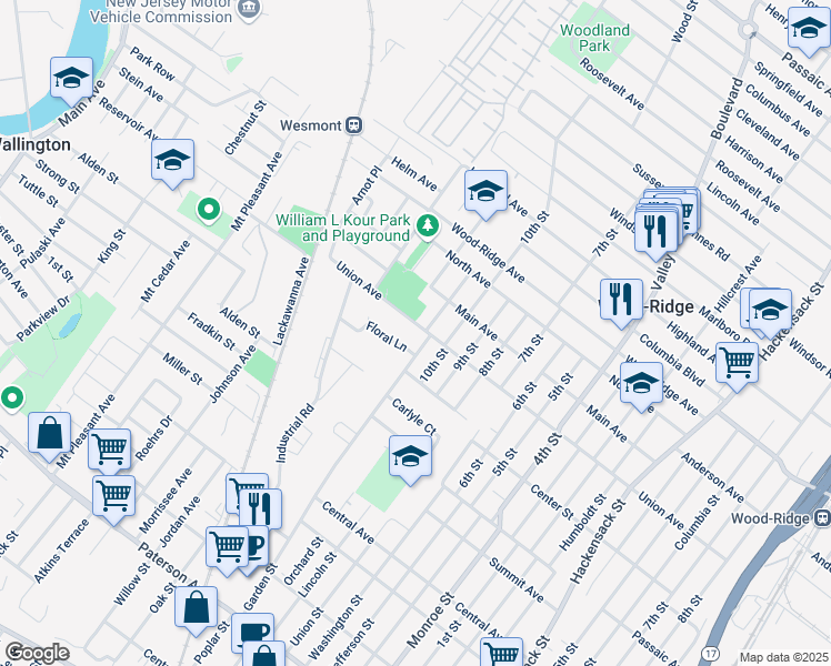 map of restaurants, bars, coffee shops, grocery stores, and more near 111 11th Street in Wood-Ridge