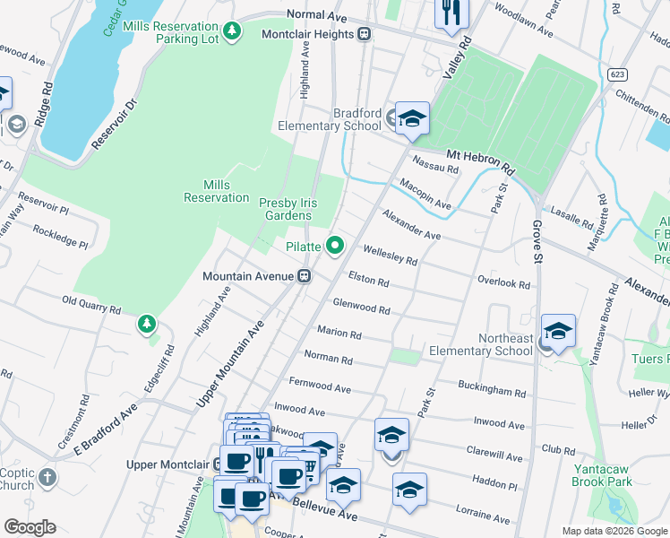 map of restaurants, bars, coffee shops, grocery stores, and more near 736 Valley Road in Montclair