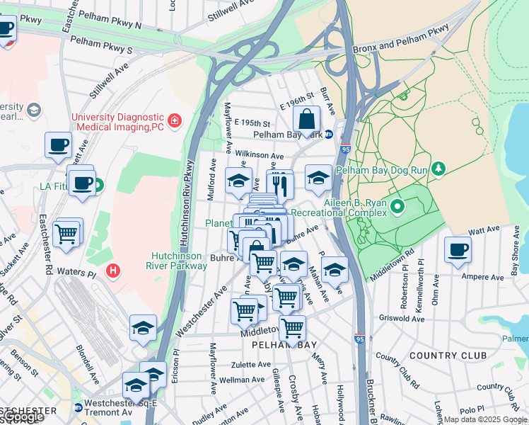 map of restaurants, bars, coffee shops, grocery stores, and more near 2917 Saint Theresa Avenue in Bronx