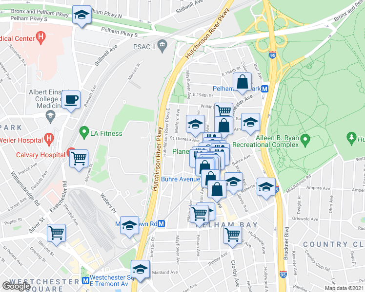 map of restaurants, bars, coffee shops, grocery stores, and more near 2824 Saint Theresa Avenue in Bronx