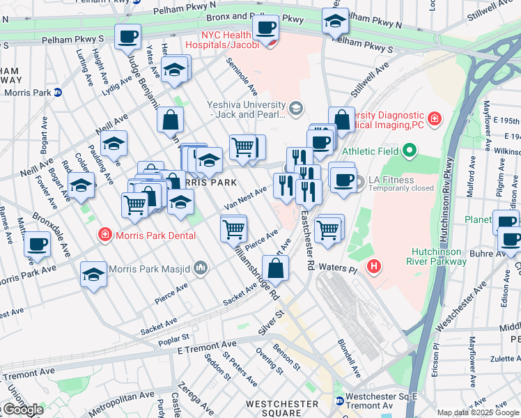 map of restaurants, bars, coffee shops, grocery stores, and more near 1656 Hering Avenue in Bronx