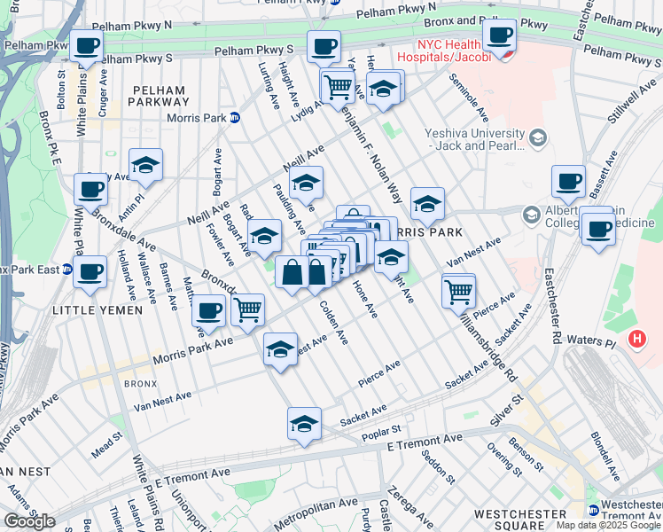 map of restaurants, bars, coffee shops, grocery stores, and more near 1825 Hone Avenue in Bronx