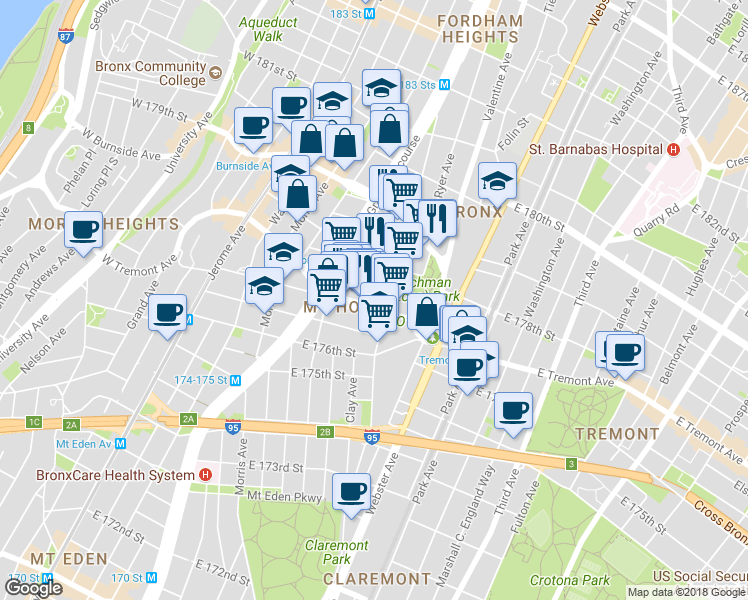 map of restaurants, bars, coffee shops, grocery stores, and more near 250 Echo Place in The Bronx