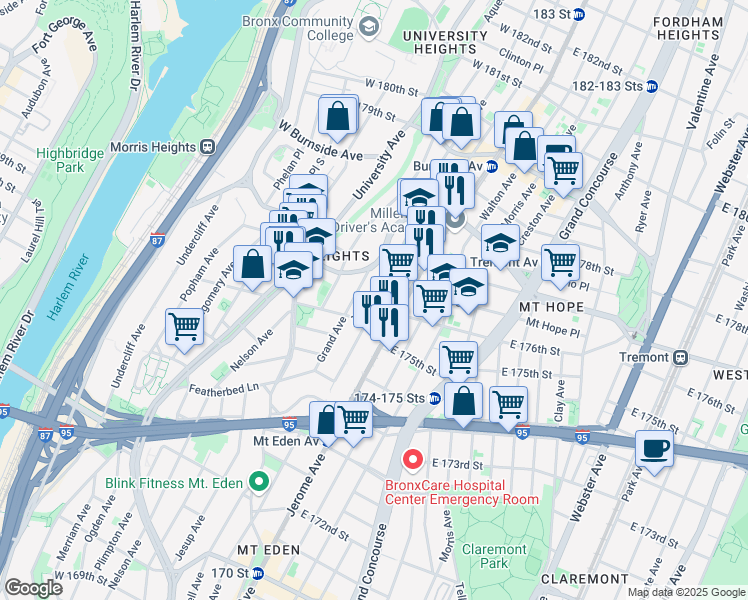 map of restaurants, bars, coffee shops, grocery stores, and more near 1801 Davidson Avenue in The Bronx
