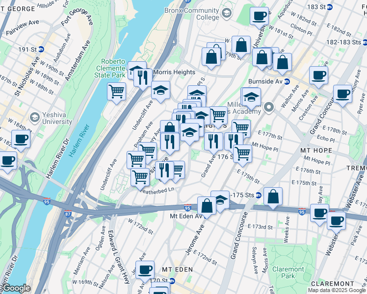 map of restaurants, bars, coffee shops, grocery stores, and more near in The Bronx