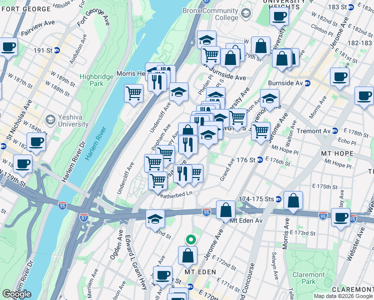map of restaurants, bars, coffee shops, grocery stores, and more near 121 West 176th Street in The Bronx