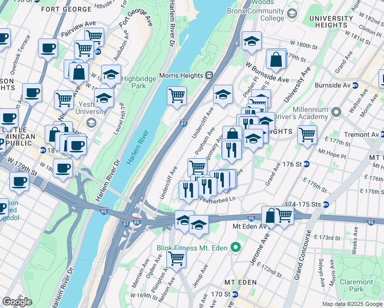 map of restaurants, bars, coffee shops, grocery stores, and more near 1642 Undercliff Avenue in Bronx