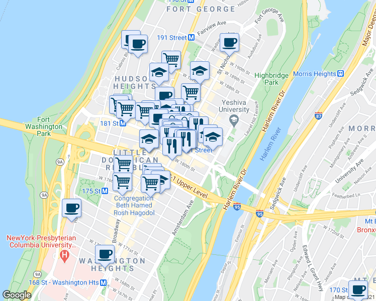 map of restaurants, bars, coffee shops, grocery stores, and more near in New York