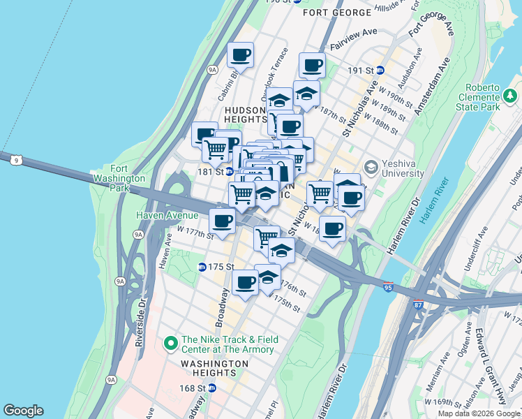 map of restaurants, bars, coffee shops, grocery stores, and more near 4221 Broadway in New York